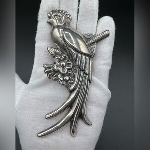 Antique MEXICO SILVER Large Parrot Brooch Pin. Marked. 4” long. 36 grams.